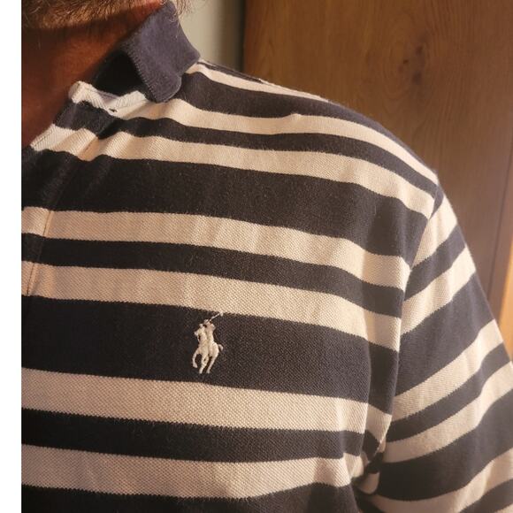 VINTAGE 1990s Polo Ralph Lauren Mens Black & White Striped Logo Shirt Size XXL - Picture 3 of 10